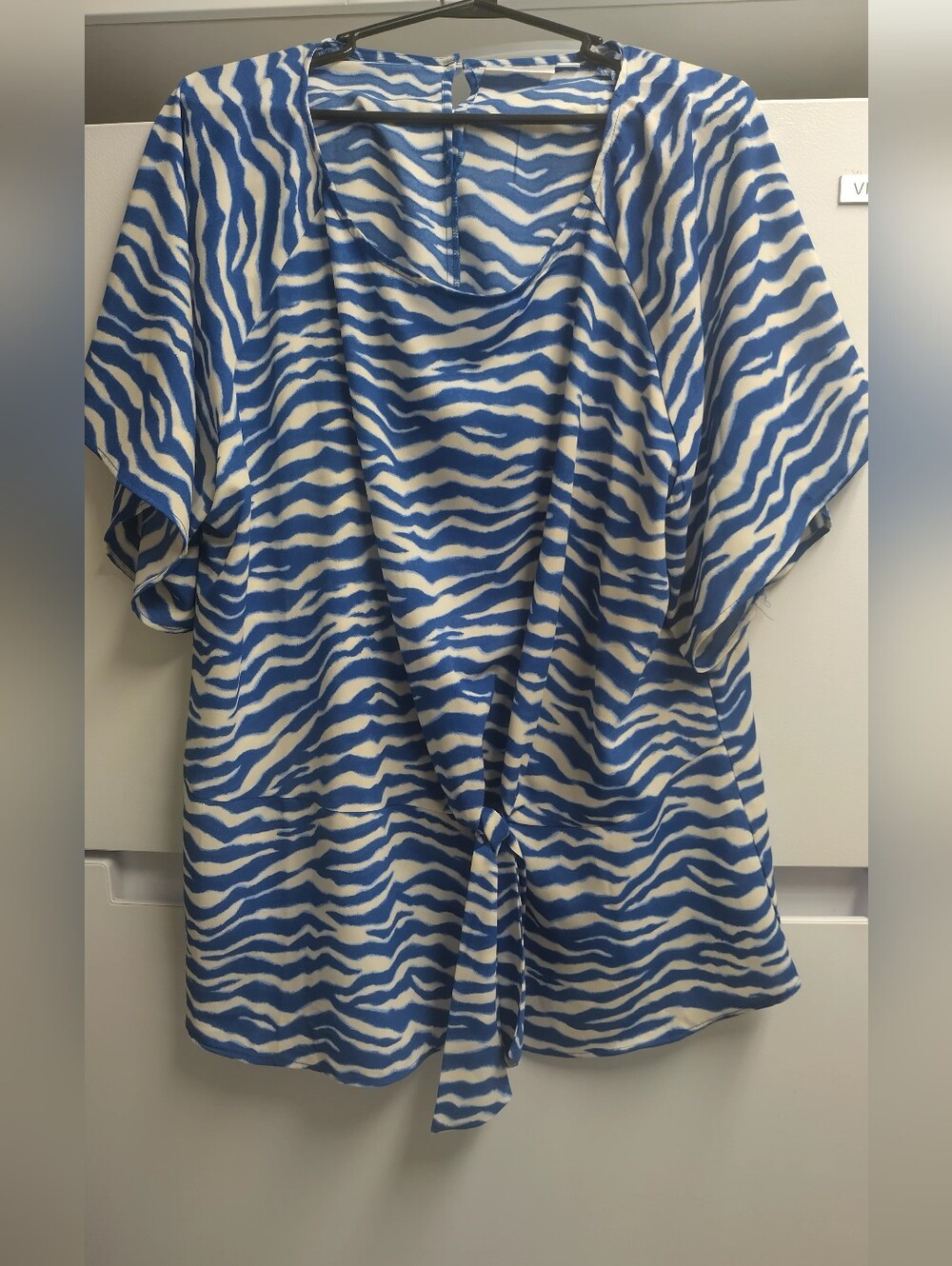 Belle by Kim Gravel Blue and White Zebra Print Top with Front Tie 2X